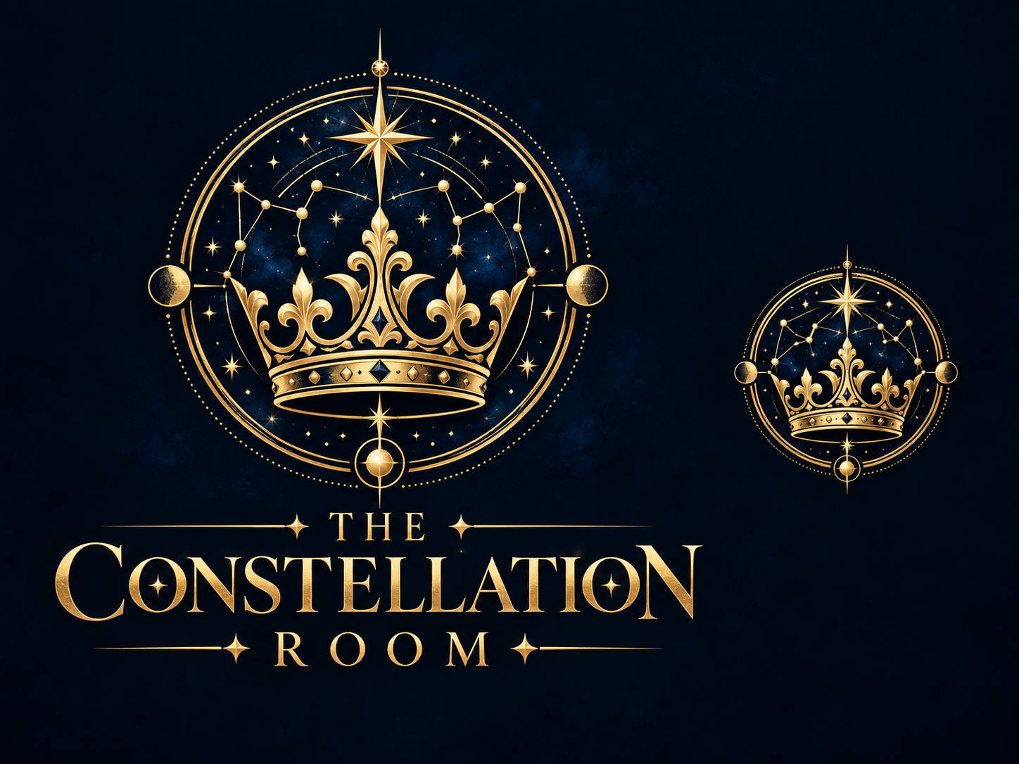 The Constellation Room celestial crown emblem in antique gold on midnight blue